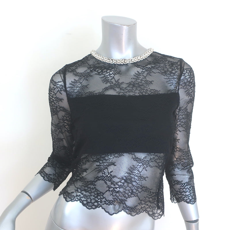 Alice + Olivia Vanita Crystal-Embellished Lace Crop Top Black Size Medium