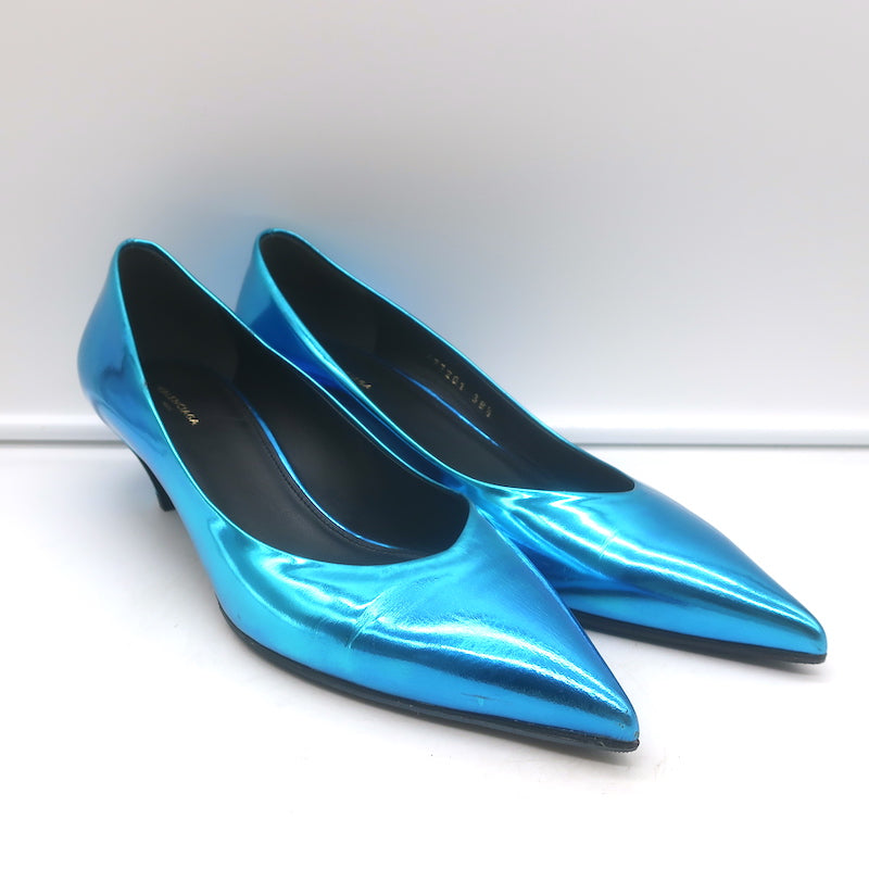 Balenciaga Talon Slash Kitten Heel Pumps Blue Metallic Leather Size 38.5