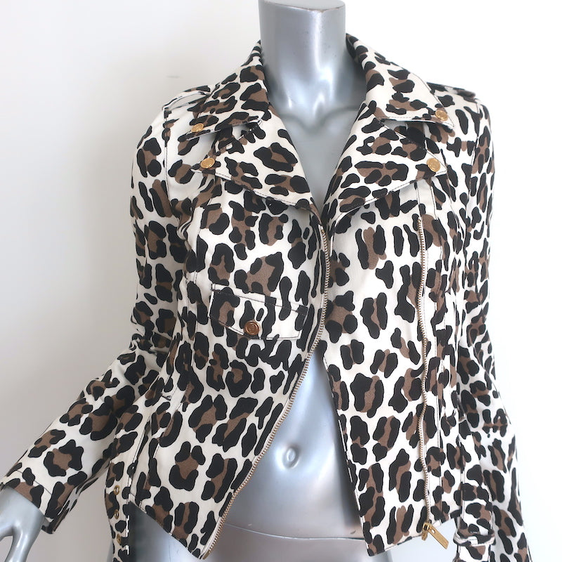 Blumarine Leopard Print Motorcycle Jacket Cream/Brown Stretch Cotton Size 40