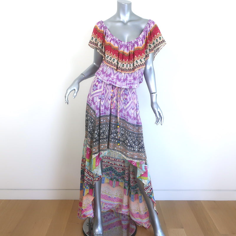 Camilla Off the Shoulder High-Low Maxi Dress Purple/Multi Printed Silk – Celebrity Owned