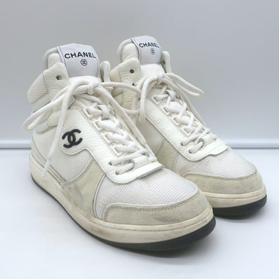 Chanel 22P High Top Sneakers White Mesh & Ecru Suede Size 38