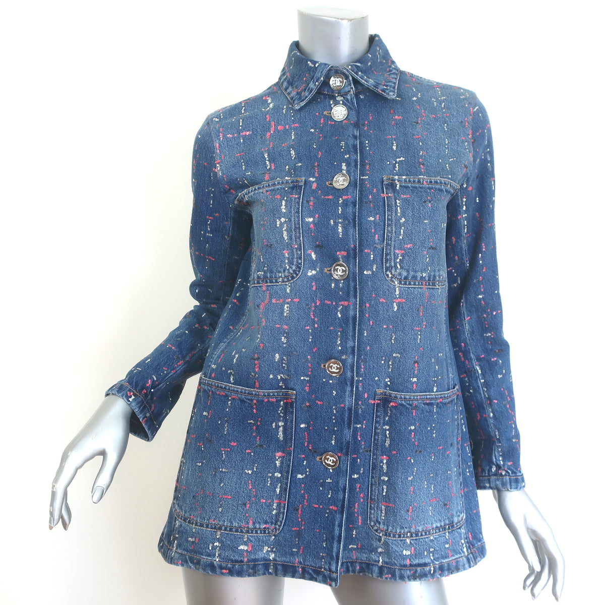 Chanel 23A Sequined Denim Jacket Blue Cotton Size 38 NEW