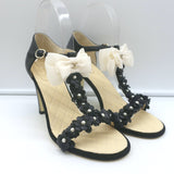 Chanel Camellia Bow T-Strap Sandals Black Leather Size 38.5 Open Toe Heels