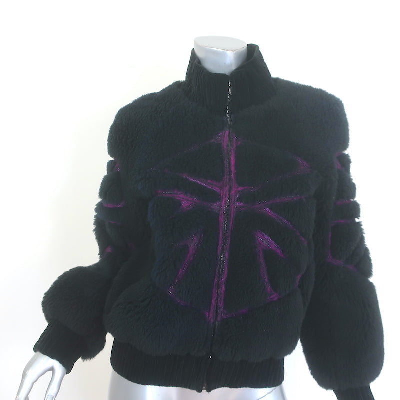Chanel shearling bomber jacket with metallic embroidery in black and purple, pre-owned and gently worn, authentic luxury