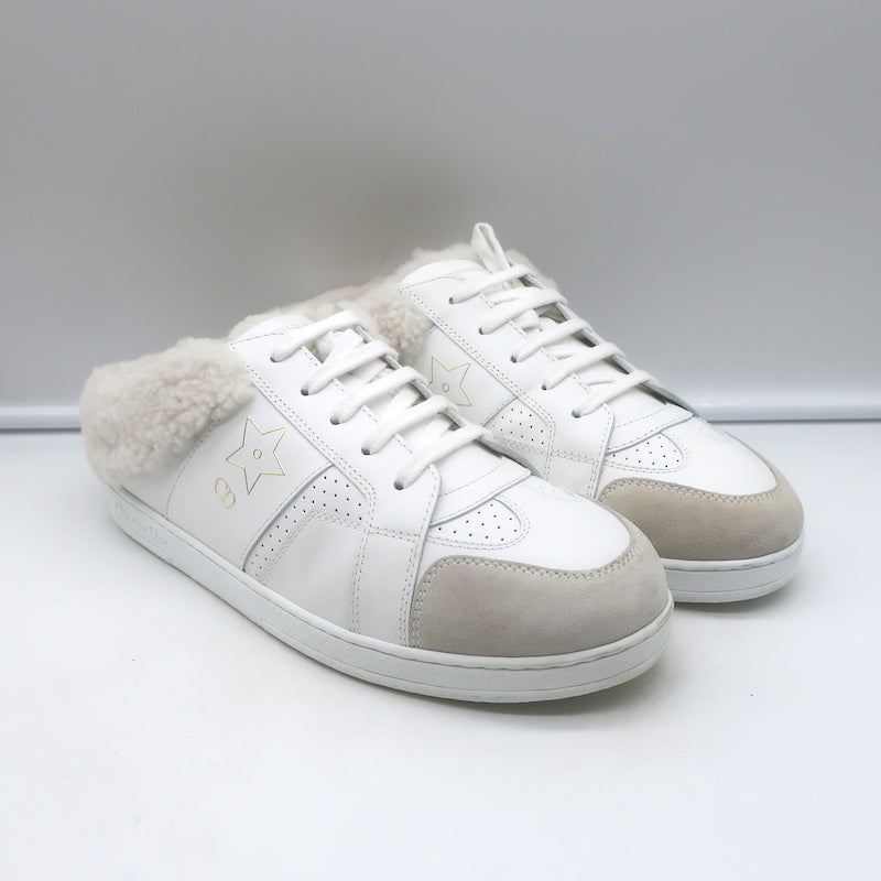 Authentic Christian Dior shearling-lined white leather sneakers, pre-owned and gently worn
