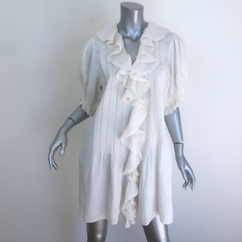 Doen Piper Puff Sleeve Ruffled Mini Dress White Pintucked Ramie Size Large