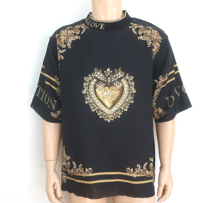 Dolce & Gabbana Devotion Linen T-Shirt Black/Gold Size 48