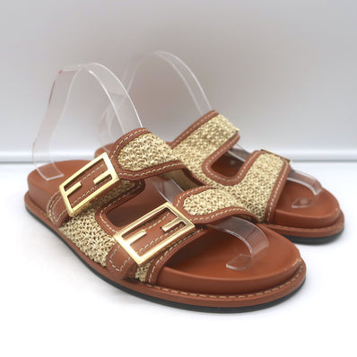 Authentic Fendi raffia slide sandals, natural brown raffia with leather trim — pre-owned luxury
