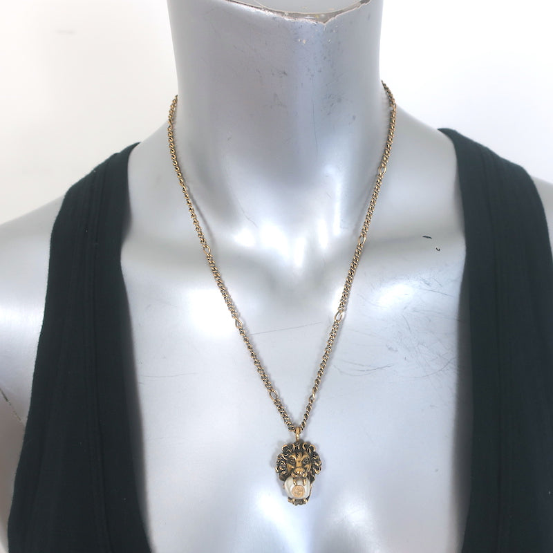 Gucci GG Faux Pearl Lion Head Pendant Necklace Brass