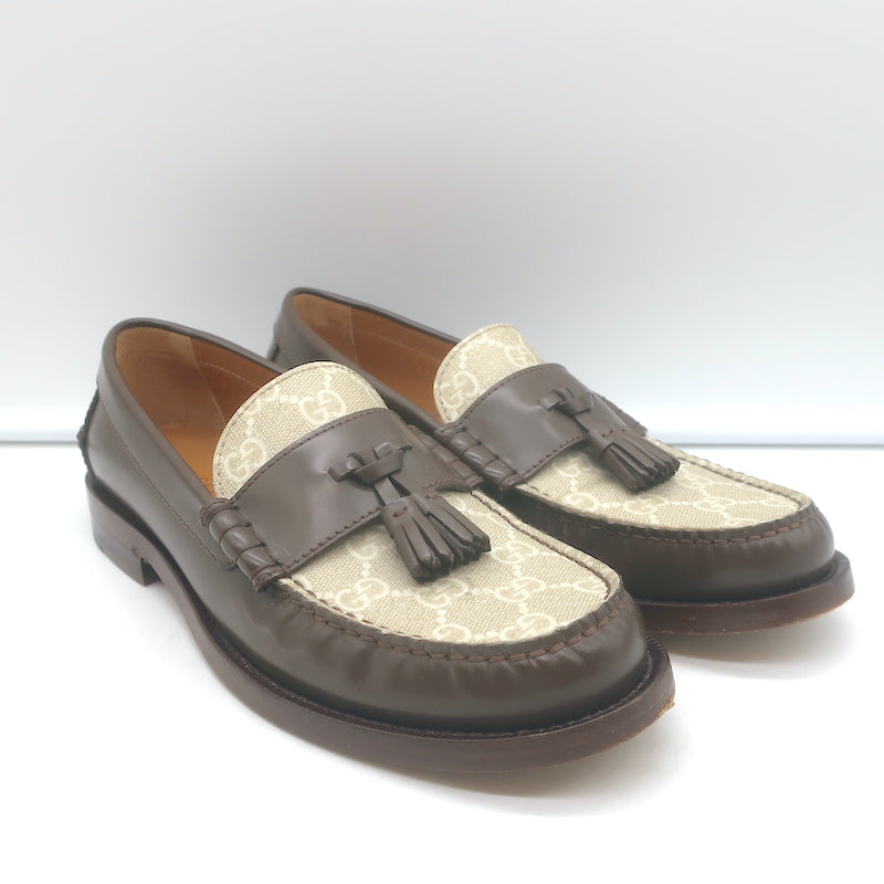 Gucci Kaveh GG Supreme Tassel Loafers Brown Leather & Beige Canvas Size 38