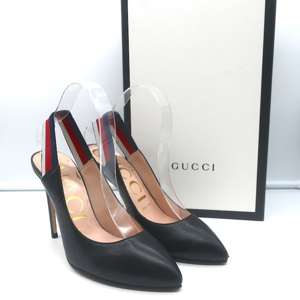 Gucci Sylvie Web Slingback Pumps Black Leather Size 36.5 Celebrity Owned