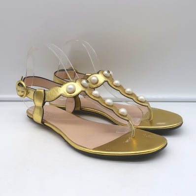 Authentic Gucci Willow T-strap sandals in gold metallic leather with faux pearls — pre-owned, EU 39.5