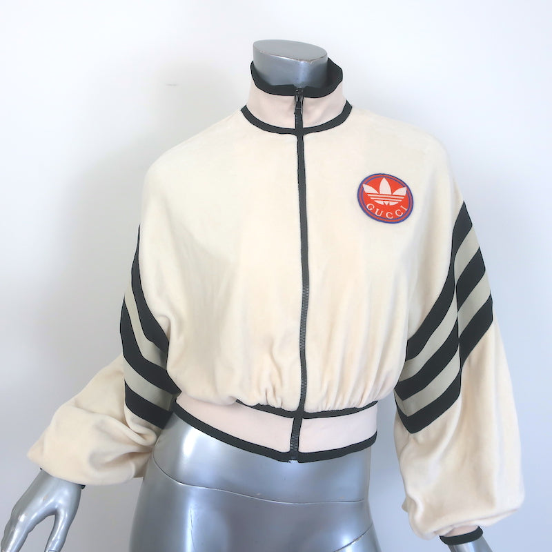 Pre-owned Gucci x Adidas chenille cropped jacket in ivory with three-stripe detail — authentic luxury