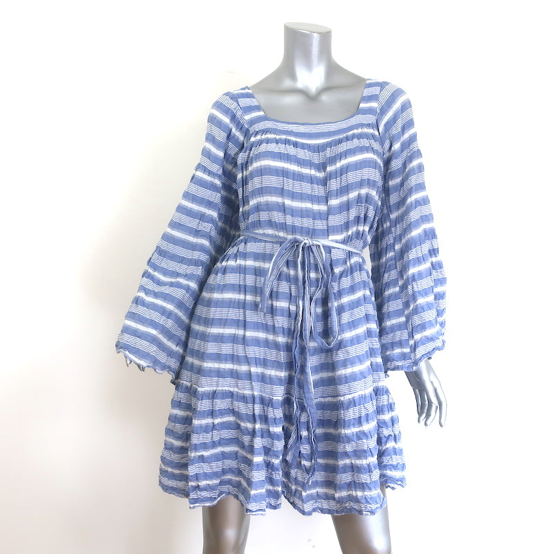 Lisa Marie Fernandez wide-sleeve striped mini dress, blue and white cotton blend, authentic pre-owned, gently worn size 1