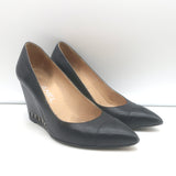 Chanel CC cap-toe chain-trimmed wedge pumps, black leather, pre-owned authentic designer heels, size 35.5