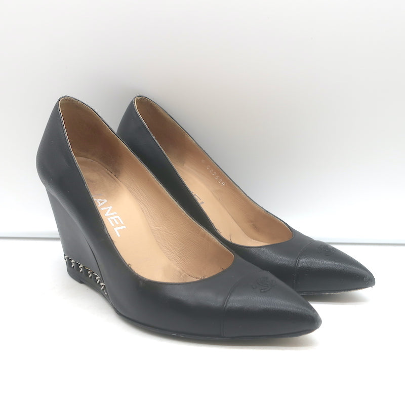 Chanel CC cap-toe chain-trimmed wedge pumps, black leather, pre-owned authentic designer heels, size 35.5