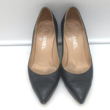 Authentic Chanel cap-toe chain-trimmed wedge pumps in black leather, pre-owned luxury