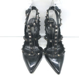 Valentino Rockstud T-strap pointed-toe pumps, black patent leather with silver studs, authentic pre-owned, lightly worn