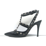 Valentino Rockstud T-strap pointed-toe pumps, black patent leather, authentic pre-owned luxury heels