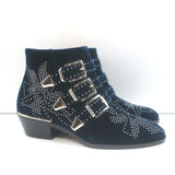 Chloe Susanna Studded Velvet Ankle Boots Navy Size 35.5 Buckle Booties NEW