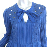 SEA Long Sleeve Tie-Neck Midi Dress Blue Flocked Cotton-Silk Size 2 NEW
