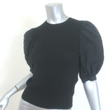 Ulla Johnson Rosalie puff-sleeve mixed-media black stretch-knit top, petite, authentic pre-owned, gently worn luxury piece