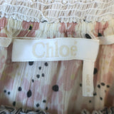Chloe off-the-shoulder puff-sleeve top in cream with pink floral, 65% cotton/35% silk — pre-owned, good condition