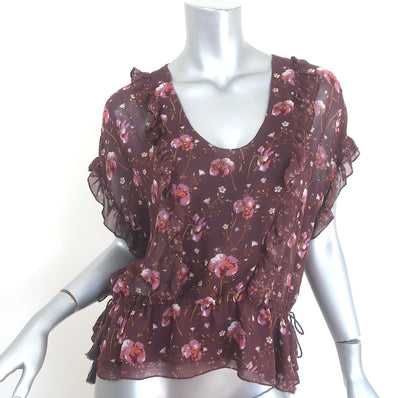 Ulla Johnson Leif Blouse Plum Floral Print Ruffled Silk Size 2 Short Sleeve Top