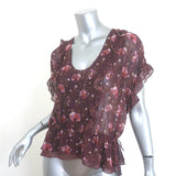Ulla Johnson Leif Blouse Plum Floral Print Ruffled Silk Size 2 Short Sleeve Top