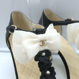Chanel Camellia Bow T-Strap Sandals Black Leather Size 38.5 Open Toe Heels