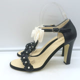 Chanel Camellia Bow T-Strap Sandals Black Leather Size 38.5 Open Toe Heels
