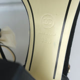 Chanel Camellia Bow T-Strap Sandals Black Leather Size 38.5 Open Toe Heels