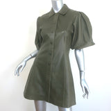 GANNI lamb leather puff-sleeve mini shirtdress in olive, pre-owned with light wear, authentic luxury — EU 36