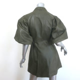 GANNI lamb leather puff-sleeve mini shirtdress in olive, pre-owned authentic luxury, EU 36