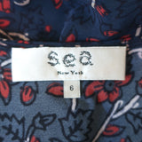 SEA Tassel Tie Mini Dress Navy Crochet-Trim Floral Print Silk Size 6