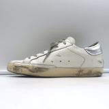 Golden Goose Superstar sneakers, white leather with silver glitter star, authentic pre-owned designer pair