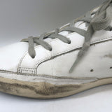 Golden Goose Superstar glitter-star sneakers, white leather with silver accents, pre-owned designer condition, size 38