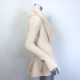 Alexander McQueen ribbed wool peplum cardigan in ivory, size Large, authentic pre-owned luxury piece