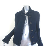 Chanel navy wool tweed jacket with CC star buttons and metallic trim, authentic pre-owned, size 40
