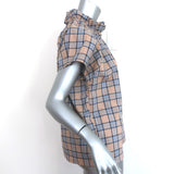 A Shirt Thing Stella Ruffle Neck Blouse Beige Plaid Size Medium Short Sleeve Top