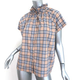 A Shirt Thing Stella Ruffle Neck Blouse Beige Plaid Size Medium Short Sleeve Top