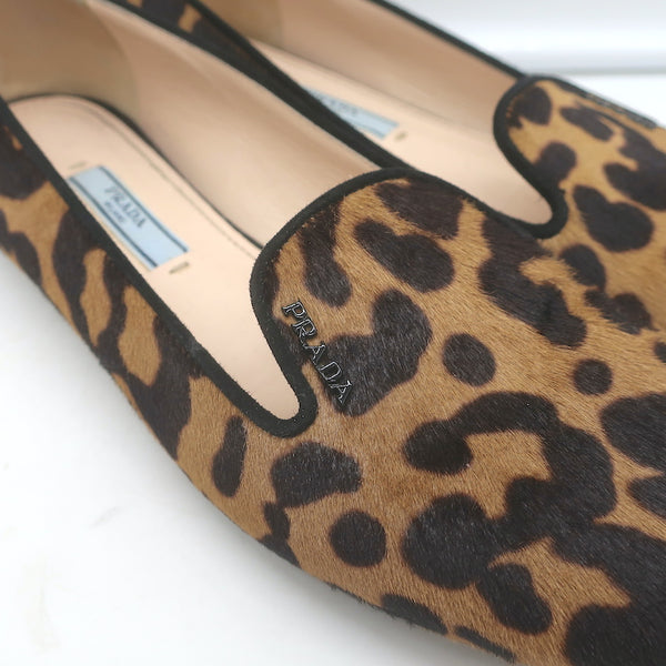 【関税&送料込】Prada Printed Calf Hair Slippers Prada Leopard Print Calf Hair Smoking Slippers Brown Size