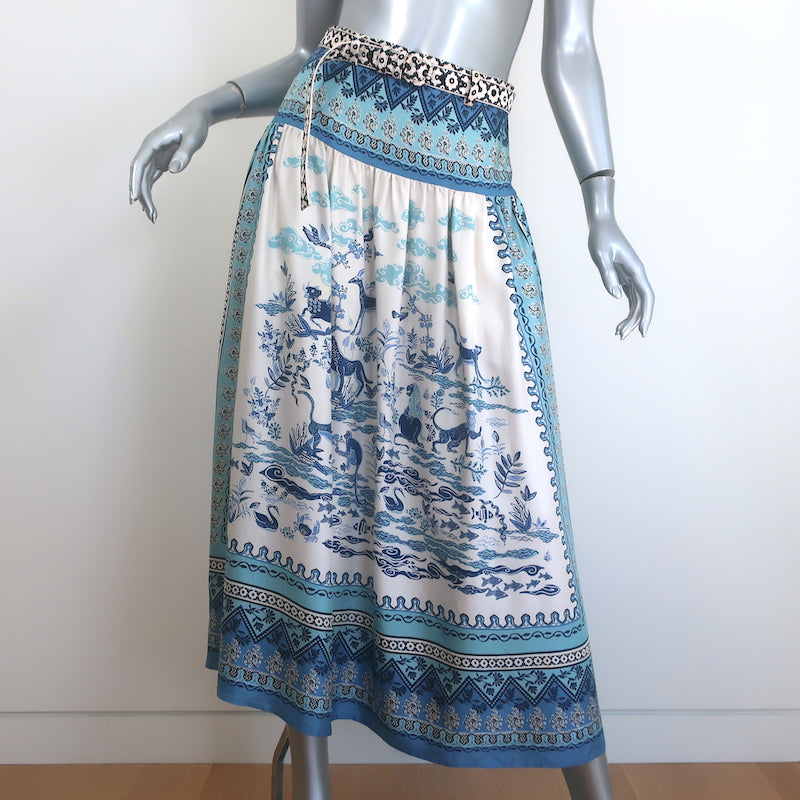 Saloni Zawe Belted Midi Skirt Porcelain Safari Print Silk Twill Size US 2