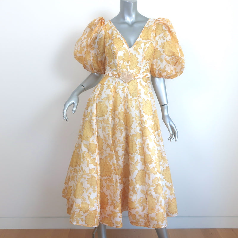 Zimmermann Postcard Puff Sleeve Midi Dress Yellow Floral Print Size 0 NEW