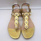 Gucci Willow T-strap flat sandals in gold metallic leather with faux pearls, authentic pre-owned, EU 39.5