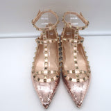 Valentino Sequin Rockstud Caged Ballet Flats Metallic Rose Gold Size 39 NEW