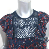 SEA Sleeveless Ruffle Top Navy Crochet Lace-Paneled Floral Print Silk Size 2