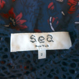 SEA Sleeveless Ruffle Top Navy Crochet Lace-Paneled Floral Print Silk Size 2