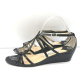 Jimmy Choo Michiko Wedge Sandals Black Glitter Patent Leather Size 38