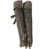 Chloe Wrap-Around Over the Knee Boots Dark Taupe Suede & Leather Size 38.5